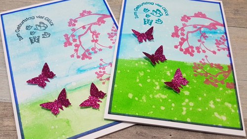 dakrela: Geburtstagskarte mit Schmetterlingen und Kirschblütenzweigen – Feierabendkarte